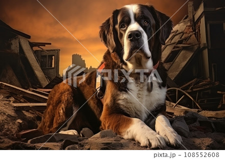 Rescue dog against the background of ruins AI Rescue dog against the background of ruins AI 108552608