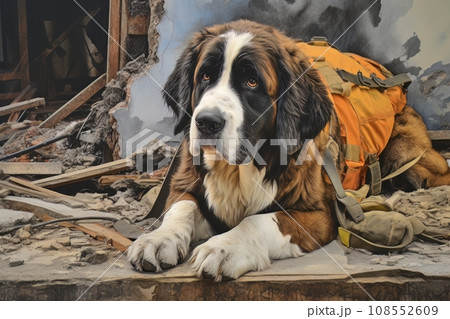 Rescue dog against the background of ruins AI 108552609