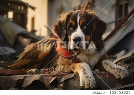 Rescue dog against the background of ruins AI Rescue dog against the background of ruins AI 108552623