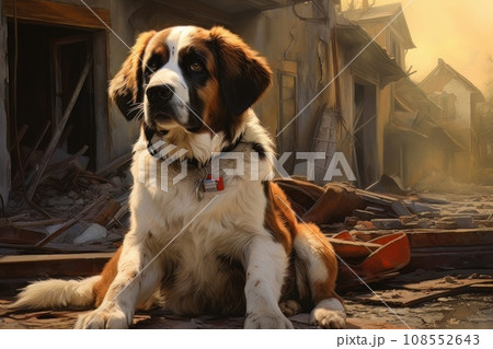 Rescue dog against the background of ruins AI 108552643