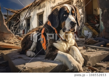 Rescue dog against the background of ruins AI 108552653