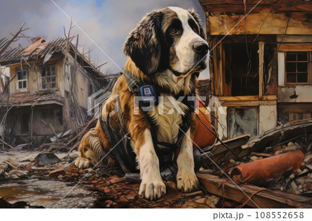Rescue dog against the background of ruins AI 108552658
