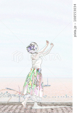 パステル調 ”海辺で踊るフラダンサー” イラストイメージ パステル調 ”海辺で踊るフラダンサー” イラストイメージ 108553034