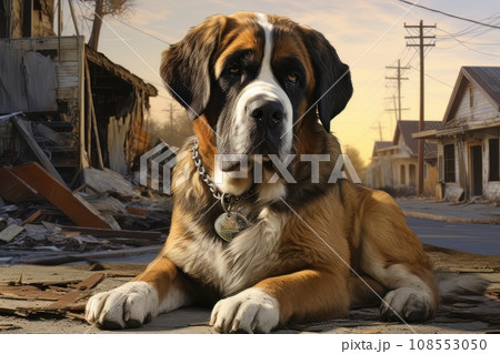 Rescue dog against the background of ruins AI 108553050