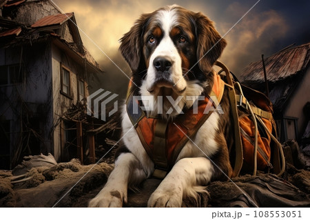 Rescue dog against the background of ruins AI 108553051