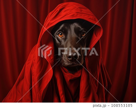 Superhero rescue dog in a red cloak on red background isolated AI Superhero rescue dog in a red cloak on red background isolated AI 108553105