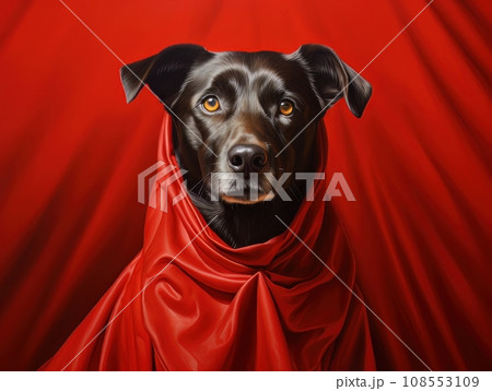 Superhero rescue dog in a red cloak on red background isolated AI Superhero rescue dog in a red cloak on red background isolated AI 108553109