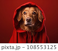 Superhero rescue dog in a red cloak on red background isolated AI 108553125