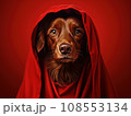 Superhero rescue dog in a red cloak on red background isolated AI 108553134