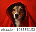 Superhero rescue dog in a red cloak on red background isolated AI 108553152