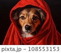 Superhero rescue dog in a red cloak on red background isolated AI 108553153