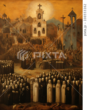 All Saints Day, the souls of the dead return home, oil illustration AI All Saints Day, the souls of the dead return home, oil illustration AI 108553162