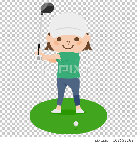 Golf illustration. Tee off. A woman holding a driver. Golf illustration. Tee off. A woman holding a driver. 108553268