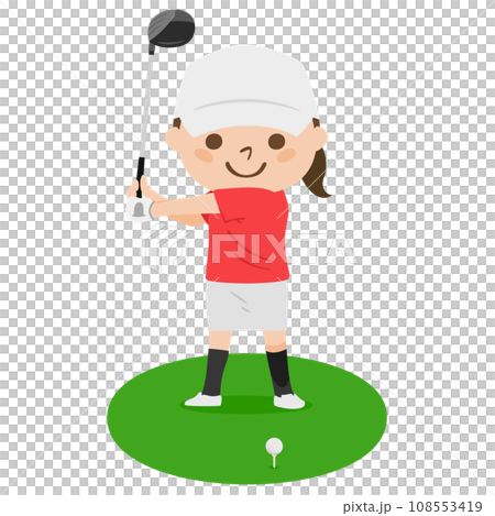 Golf illustration. Tee off. A woman holding a driver. Golf illustration. Tee off. A woman holding a driver. 108553419
