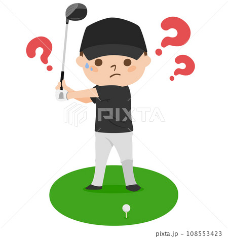 ゴルフのイラスト。ティーオフ。ドライバーのスイングを悩んでる男性。 108553423
