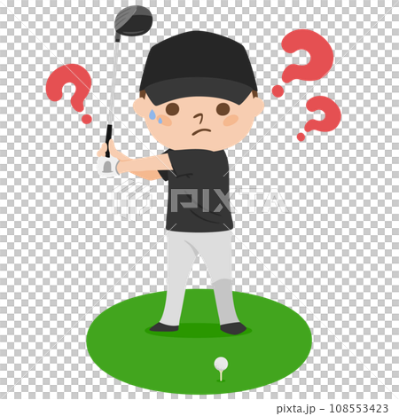 高爾夫插圖。開球。一名男子擔心他的發球桿擺動。 高爾夫插圖。開球。一名男子擔心他的發球桿擺動。 108553423