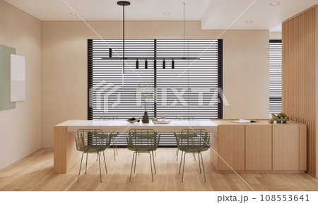 minimal modern room with wooden and beige details, minimalistic interior design 108553641