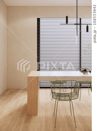 minimal beige room with dining table, wooden details, minimalistic interior design 108553642