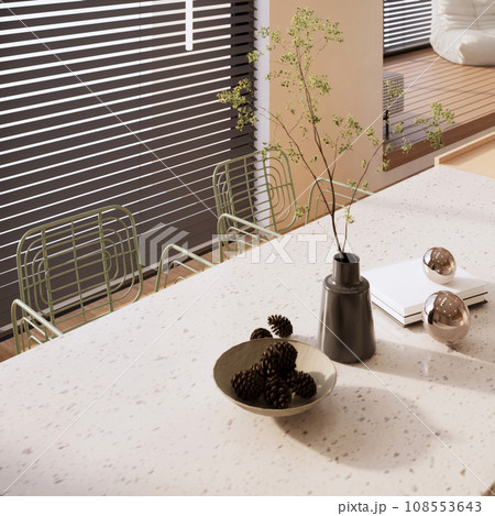 close-up dining table in minimal beige room interior design. 3D rendering 108553643
