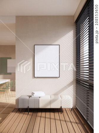 3d rendering interior room design and decoration with side chair on wooden floor, sunlight from blind window. 108553650
