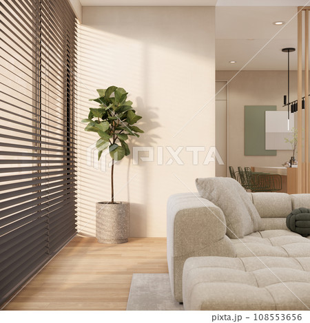close-up of modern light apartment with big windows, living room ideas 3D rendering close-up of modern light apartment with big windows, living room ideas 3D rendering 108553656