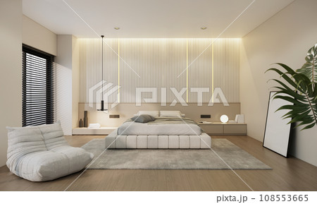Interior of cozy modern bedroom in warm colors. Front view. 3d rendering illustration. 108553665