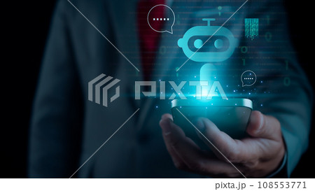 Businessman showing smartphone to type live chat question and answer with artificial intelligence system, chatbot, Chat with artificial intelligence. using command prompt for generates something. 108553771