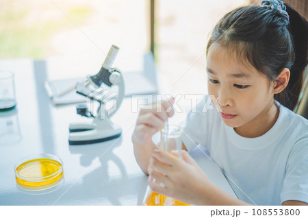little scientist looking through a microscope and test tubes filled with chemicals for learning about science and experiments. little scientist looking through a microscope and test tubes filled with chemicals for learning about science and experiments. 108553800