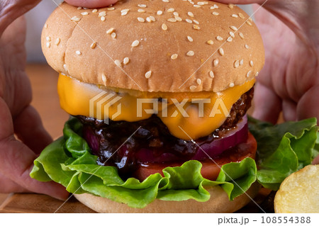 ハンバーガー　手で持つ 108554388