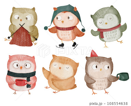Owl bird . Christmas theme . Watercolor paint cartoon characters . Isolated . Set 2 of 4 . illustration . 108554638