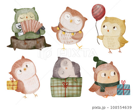 Owl bird . Christmas theme . Watercolor paint cartoon characters . Isolated . Set 3 of 4 . illustration . Owl bird . Christmas theme . Watercolor paint cartoon characters . Isolated . Set 3 of 4 . illustration . 108554639