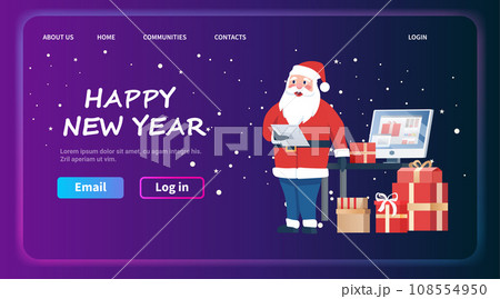 santa claus standing near wrapped gifts and using tablet pc christmas eve holiday happy new year celebration template santa claus standing near wrapped gifts and using tablet pc christmas eve holiday happy new year celebration template 108554950
