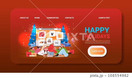 women in santa hats choosing clothes in online shop style advice generation new year holidays celebration concept 108554982