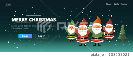 santa clauses in red costume and hat standing together christmas eve holiday happy new year celebration template horizontal full length copy space vector illustration santa clauses in red costume and hat standing together christmas eve holiday happy new year celebration template horizontal full length copy space vector illustration 108555021