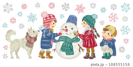 冬　雪だるまを作る子どもたちと雪の結晶のイラスト 108555158