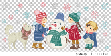冬　雪だるまを作る子どもたちと雪の結晶のイラスト 108555158