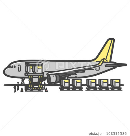 グランドハンドリング（グラハン）の作業員による、カーゴ・貨物搭載作業中の貨物機・飛行機のイラスト 108555586