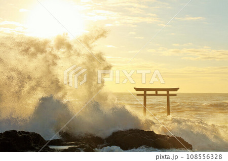 茨城県　大洗磯前神社　鳥居と波しぶき 108556328