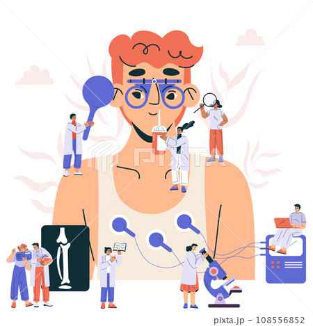 Body Health Checkup with Man and Doctors Examine Patient Vector Illustration 108556852