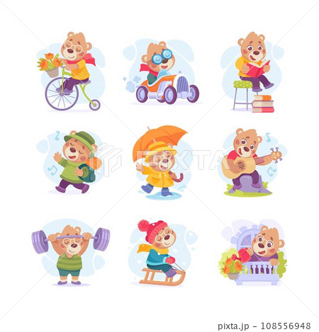Cute Bear Character Engaged in Different Activity Vector Illustration Set 108556948