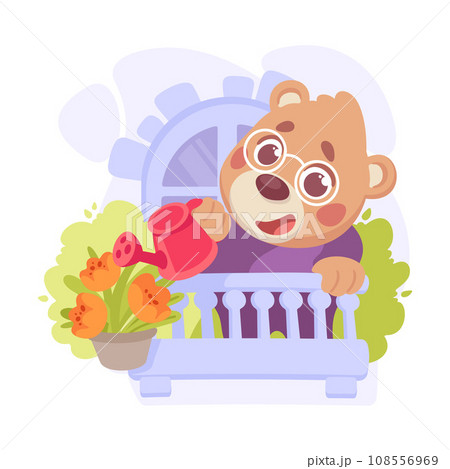 Cute Bear Character Water Flowers on Balcony Vector Illustration 108556969