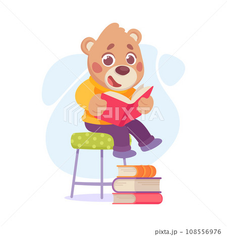 Cute Bear Character Sit on Chair and Reading Books Vector Illustration Cute Bear Character Sit on Chair and Reading Books Vector Illustration 108556976