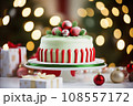 christmas cake with christmas decorations bokeh background 108557172