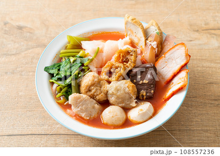 noodles with meatballs in pink soup noodles with meatballs in pink soup 108557236