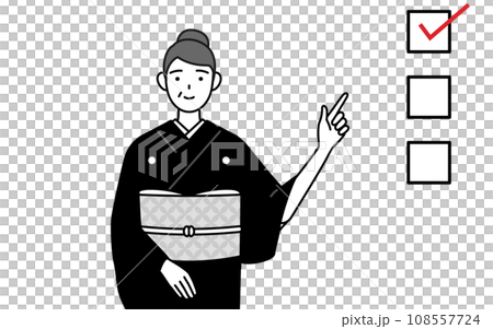 チェックリストを指さす着物姿のシニア女性、お正月の初詣や結婚式などで 108557724