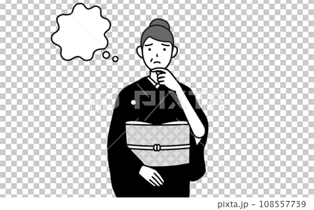 A senior woman in a kimono, scratching her face and thinking, at a New Year's shrine visit, a wedding, etc. 108557739