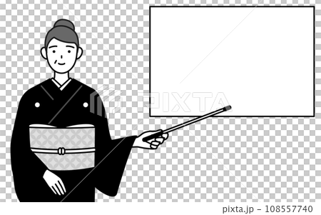 A senior woman in a kimono pointing at a whiteboard with a pointing stick, at a New Year's shrine visit, wedding ceremony, etc. 108557740