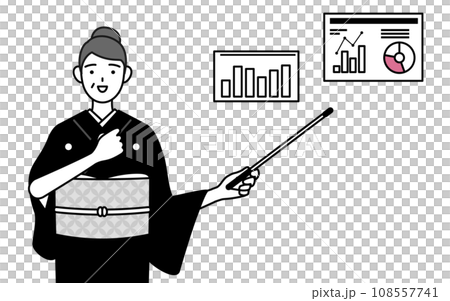 A senior woman in a kimono analyzing performance graphs, at a New Year's shrine visit, a wedding, etc. 108557741