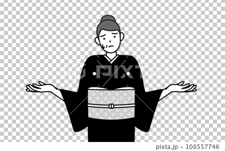 A senior woman in a kimono shrugs her shoulders and spreads her arms in trouble, at a New Year's shrine visit, a wedding, etc. A senior woman in a kimono shrugs her shoulders and spreads her arms in trouble, at a New Year's shrine visit, a wedding, etc. 108557746