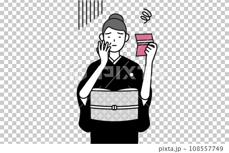 一位穿著和服的老年婦女在查看她的銀行存摺、新年參拜、婚禮等活動後看起來很沮喪。 108557749